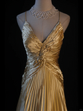 Gold Straps A-Line Satin Beading Long Prom Dress Vintage Evening Dress, HZ0319
