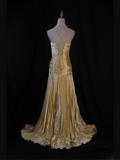 Gold Straps A-Line Satin Beading Long Prom Dress Vintage Evening Dress, HZ0319