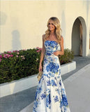 Blue Straps Floral Printed Mermaid Long Party Dress Pretty Prom Dress, HZ0319