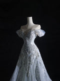 Stunning Off Shoulder Tulle Beading Mermaid Long Prom dress Wedding Dress, HZ0319