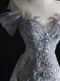 Stunning Off Shoulder Tulle Beading Mermaid Long Prom dress Wedding Dress, HZ0319