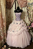 Light Pink Strapless A-Line Beading Vintage Long Prom Dress Evening Gown, HZ0319