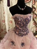 Light Pink Strapless A-Line Beading Vintage Long Prom Dress Evening Gown, HZ0319