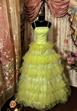 Grass Green Straps A-Line Tiered Vintage Long Prom Dress Evening Gown, HZ0319