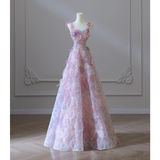 Pink Straps A-Line Floral Long Evening Party Dress Birthday Outfits HZ0319