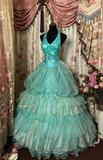 Tiffany Blue Halter A-Line Lace Sequins Vintage Long Prom Dress Evening Gown, HZ0319