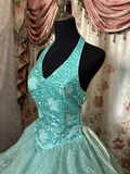 Tiffany Blue Halter A-Line Lace Sequins Vintage Long Prom Dress Evening Gown, HZ0319