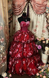 Wine Red Sweetheart A-Line Floral Vintage Long Party Dress Evening Gown, HZ0319