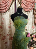 Retro Green Strapless Organza Tiered Sheath Long Party Dress Evening Gown, HZ0319