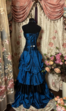 Navy Blue Sweetheart A-Line Satin Retro Long Party Dress Evening Gown, HZ0319