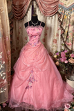 Pink Straps A-Line Satin Beading Retro Long Party Dress Evening Gown, HZ0319