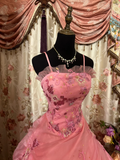 Pink Straps A-Line Satin Beading Retro Long Party Dress Evening Gown, HZ0319