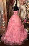 Pink Straps A-Line Satin Beading Retro Long Party Dress Evening Gown, HZ0319