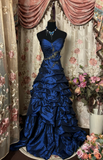 Navy Blue Sweetheart A-Line Satin Beading Long Party Dress Evening Gown, HZ0319