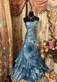 Blue Strapless A-Line Satin Tiered Retro Long Party Dress Evening Gown, HZ0319