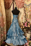 Blue Strapless A-Line Satin Tiered Retro Long Party Dress Evening Gown, HZ0319