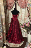 Burgundy Strapless A-Line Organza Beading Vintage Long Evening Party Dress, HZ0319
