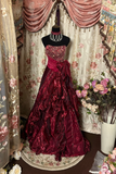 Burgundy Strapless A-Line Organza Beading Vintage Long Evening Party Dress, HZ0319