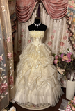 Light Champagne Strapless A-Line Organza Vintage Long Party Dress, HZ0319