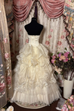 Light Champagne Strapless A-Line Organza Vintage Long Party Dress, HZ0319