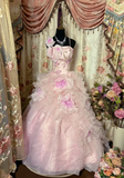 Light Pink Straps A-Line Organza Floral Vintage Long Party Dress Evening Gown, HZ0319