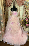 Light Pink Straps A-Line Organza Floral Vintage Long Party Dress Evening Gown, HZ0319