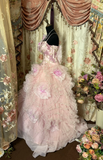 Light Pink Straps A-Line Organza Floral Vintage Long Party Dress Evening Gown, HZ0319