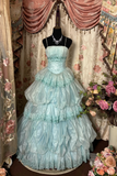 Light Blue Straps A-Line Organza Lace Fairy Long Party Dress Birthday Ball Gown, HZ0319