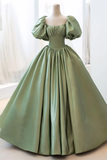 Light Green Puffy Sleeves A-Line Satin Long Formal Party Dress Birthday Gown, HZ0319