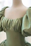 Light Green Puffy Sleeves A-Line Satin Long Formal Party Dress Birthday Gown, HZ0319