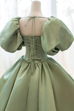 Light Green Puffy Sleeves A-Line Satin Long Formal Party Dress Birthday Gown, HZ0319