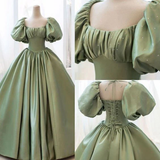 Light Green Puffy Sleeves A-Line Satin Long Formal Party Dress Birthday Gown, HZ0319