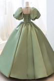 Light Green Puffy Sleeves A-Line Satin Long Formal Party Dress Birthday Gown, HZ0319
