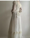 White High Neck Long Sleeves A-Line Chiffon Lace Vintage Long Party Dress, HZ0319