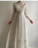 White High Neck Long Sleeves A-Line Chiffon Lace Vintage Long Party Dress, HZ0319