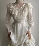 White High Neck Long Sleeves A-Line Chiffon Lace Vintage Long Party Dress, HZ0319