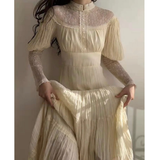 Ivory High Neck Long Sleeves A-Line Chiffon Lace Vintage Long Party Dress, HZ0319