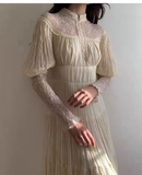 Ivory High Neck Long Sleeves A-Line Chiffon Lace Vintage Long Party Dress, HZ0319