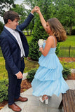 Blue Spaghetti Straps A-Line Tiered Long Party Dress Cute Prom Dress, HZ0319