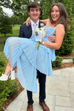 Blue Spaghetti Straps A-Line Tiered Long Party Dress Cute Prom Dress, HZ0319