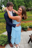Blue Spaghetti Straps A-Line Tiered Long Party Dress Cute Prom Dress, HZ0319