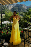 Sexy Yellow Spaghetti Straps Sheath Long Party Dress Wedding Guest Dress, HZ0319