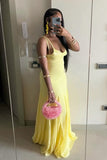 Sexy Yellow Spaghetti Straps Sheath Long Party Dress Wedding Guest Dress, HZ0319