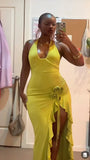 Sexy Halter Neck Sheath Ruffles Split Long Party Dress Evening Dress, HZ0319