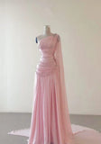 Pink One Shoulder A-Line Beading Chiffon Long Party Dress Formal Prom Dress, HZ0319