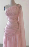Pink One Shoulder A-Line Beading Chiffon Long Party Dress Formal Prom Dress, HZ0319