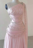 Pink One Shoulder A-Line Beading Chiffon Long Party Dress Formal Prom Dress, HZ0319