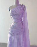 Pink One Shoulder A-Line Beading Chiffon Long Party Dress Formal Prom Dress, HZ0319