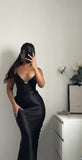 Sexy Black Sytaps V Neck Mermaid Satin Long Party Dress Evening Dress, HZ0319