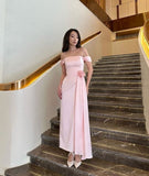 Light Pink Off Shoulder Sheath Satin Long Party Dress Bridesmaid Dress, HZ0319